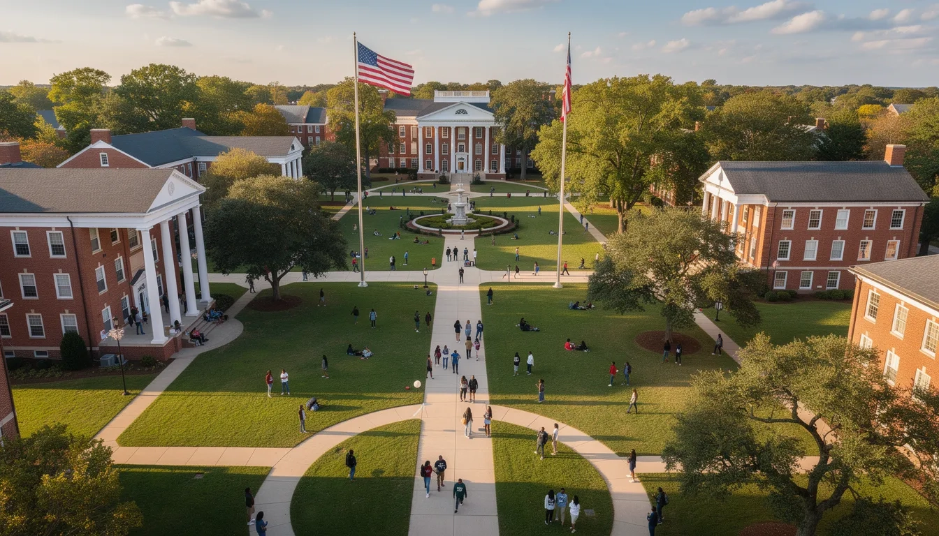 HBCU campus quad with students walking between brick academic buildings on a sunny day