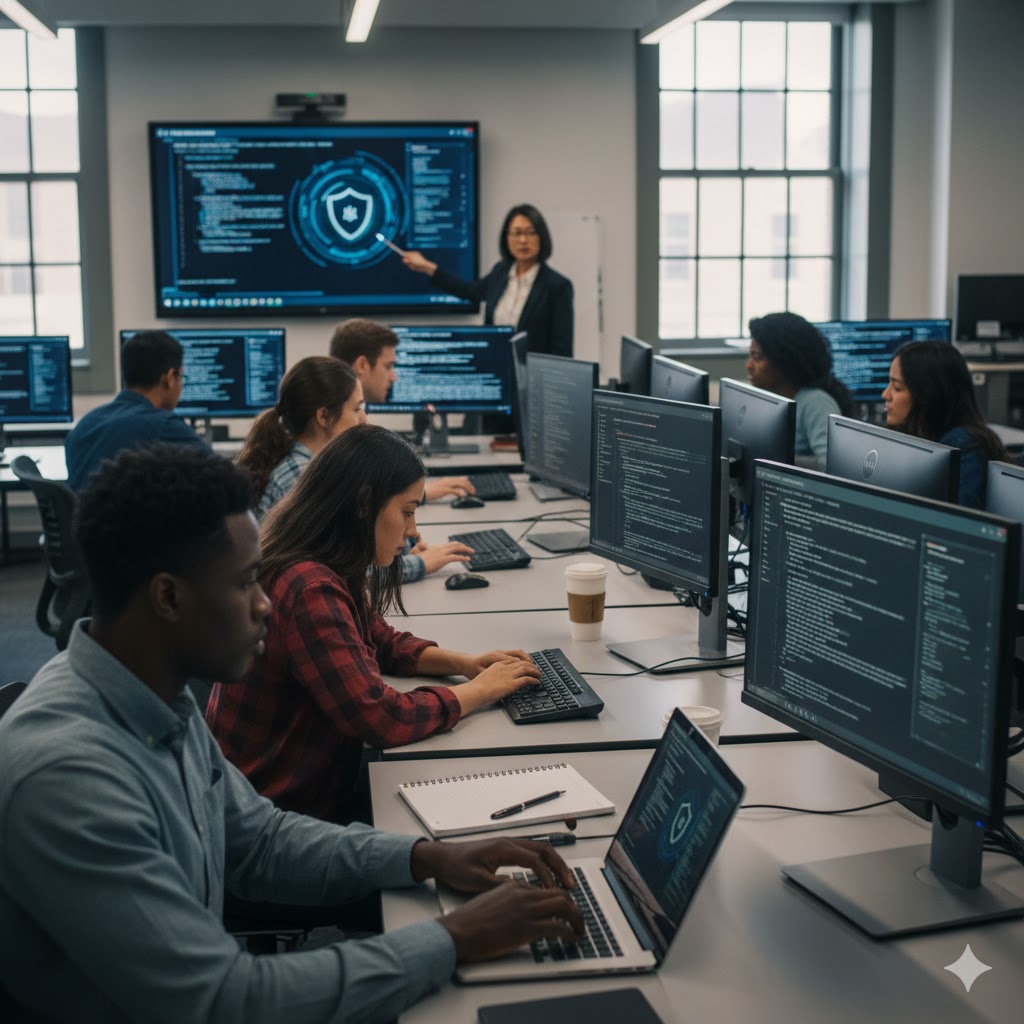 community college students in a cybersecurity class