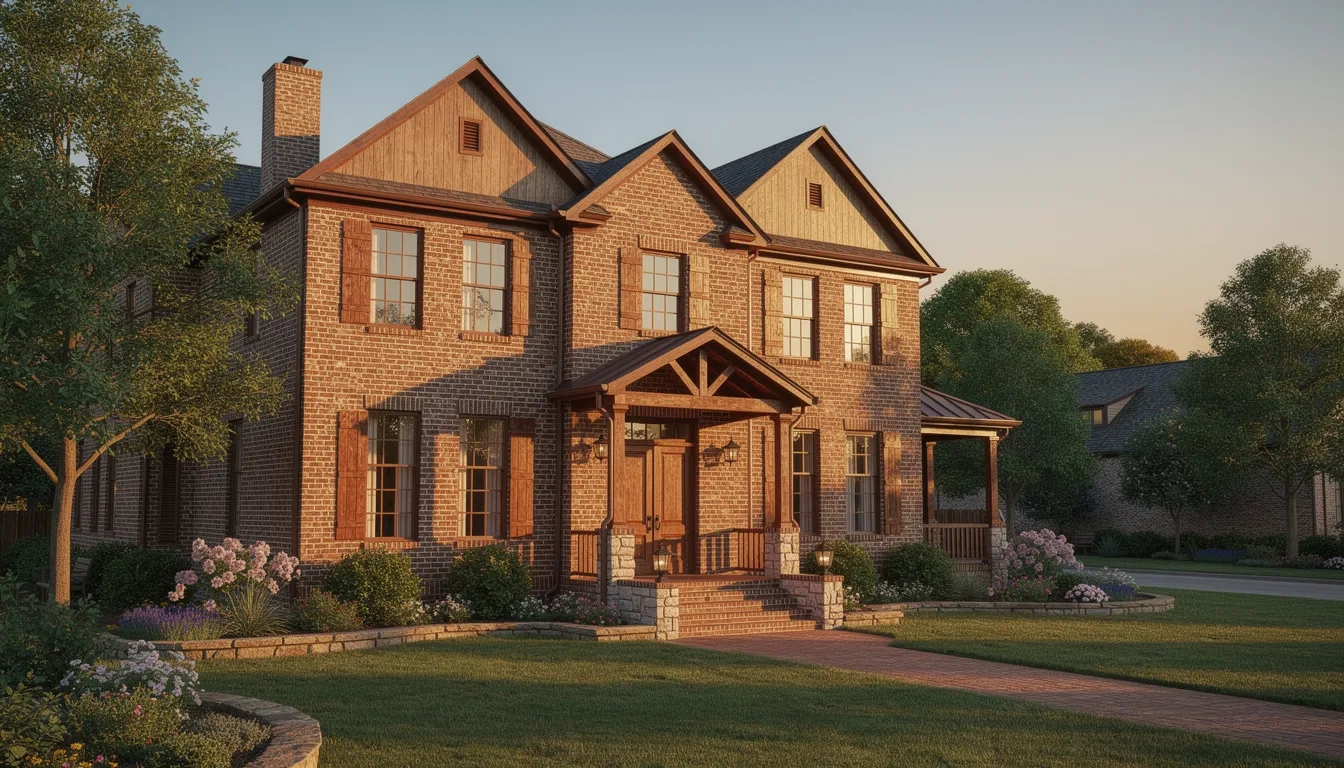 Exterior of a Texas brick homestead in golden hour lighting