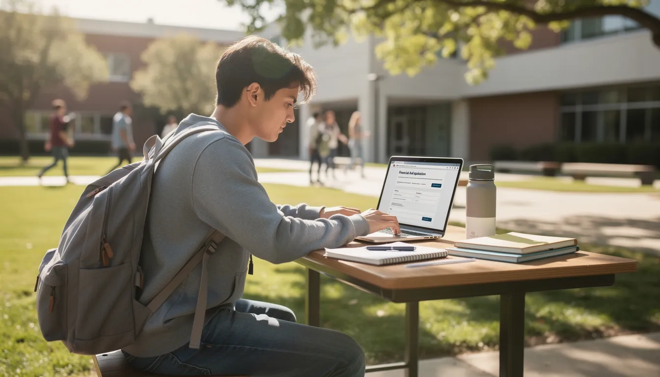 Student filling out FAFSA form on a laptop at a college campus