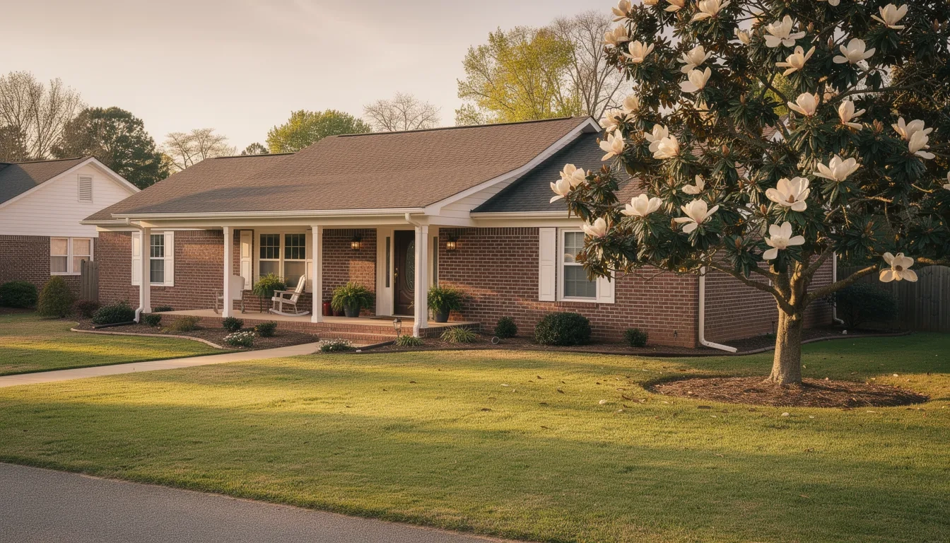 Brick Georgia home with a blooming magnolia tree representing property tax relief