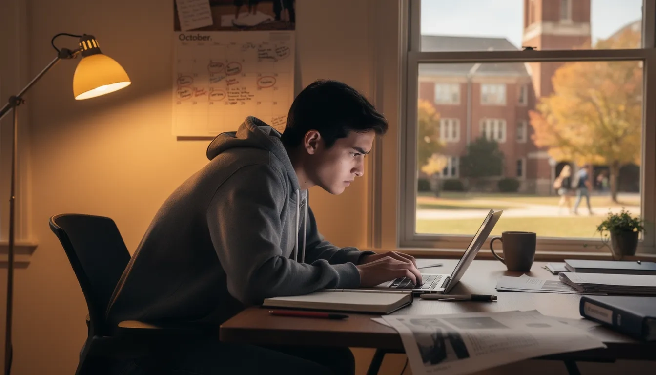 College student reviewing FAFSA application on laptop with calendar in background