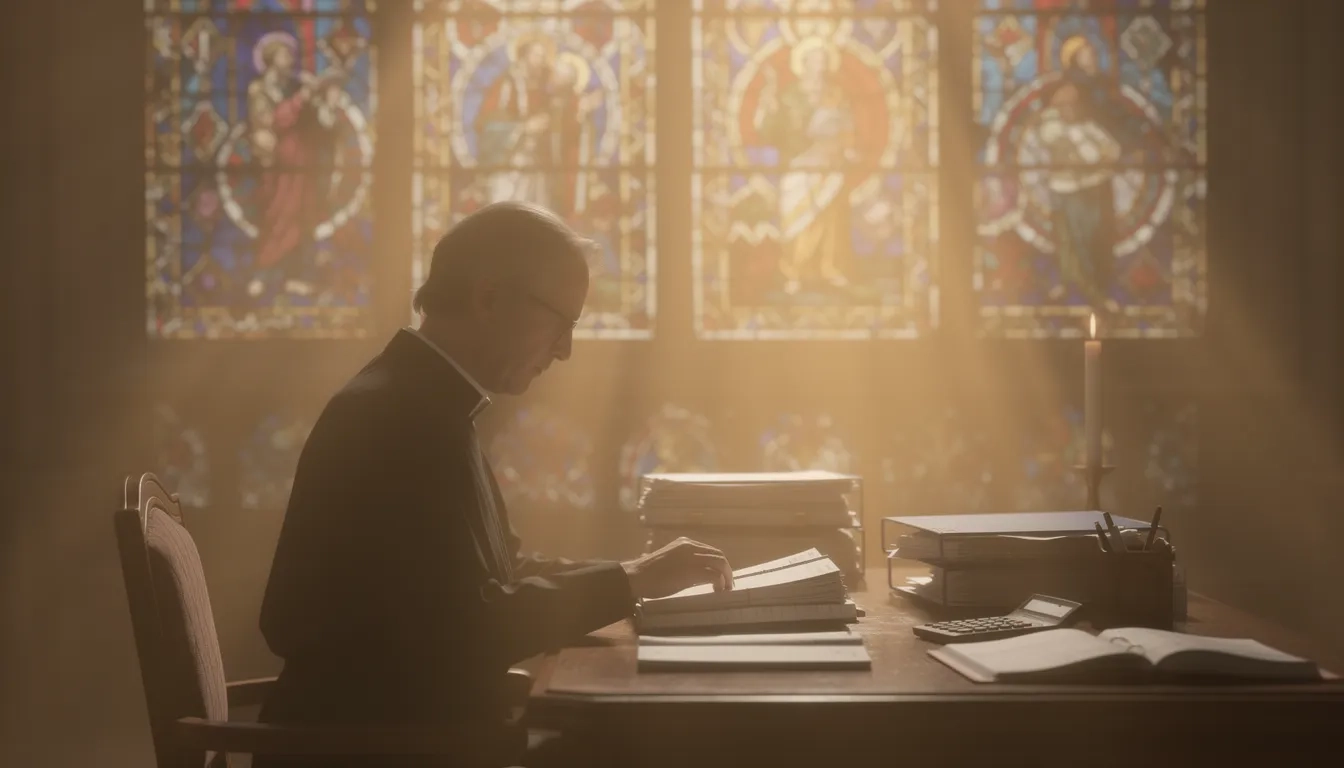 Church window light falling on a minister reviewing student loan paperwork