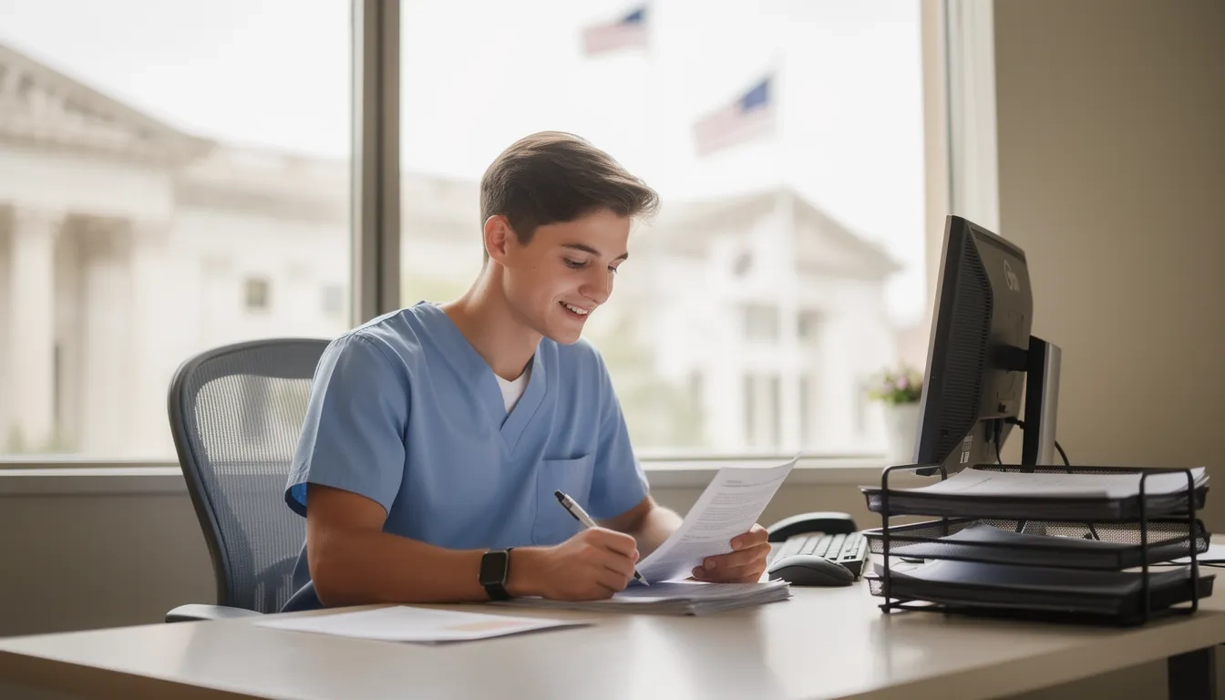 Medical student reviewing National Health Service Corps scholarship paperwork