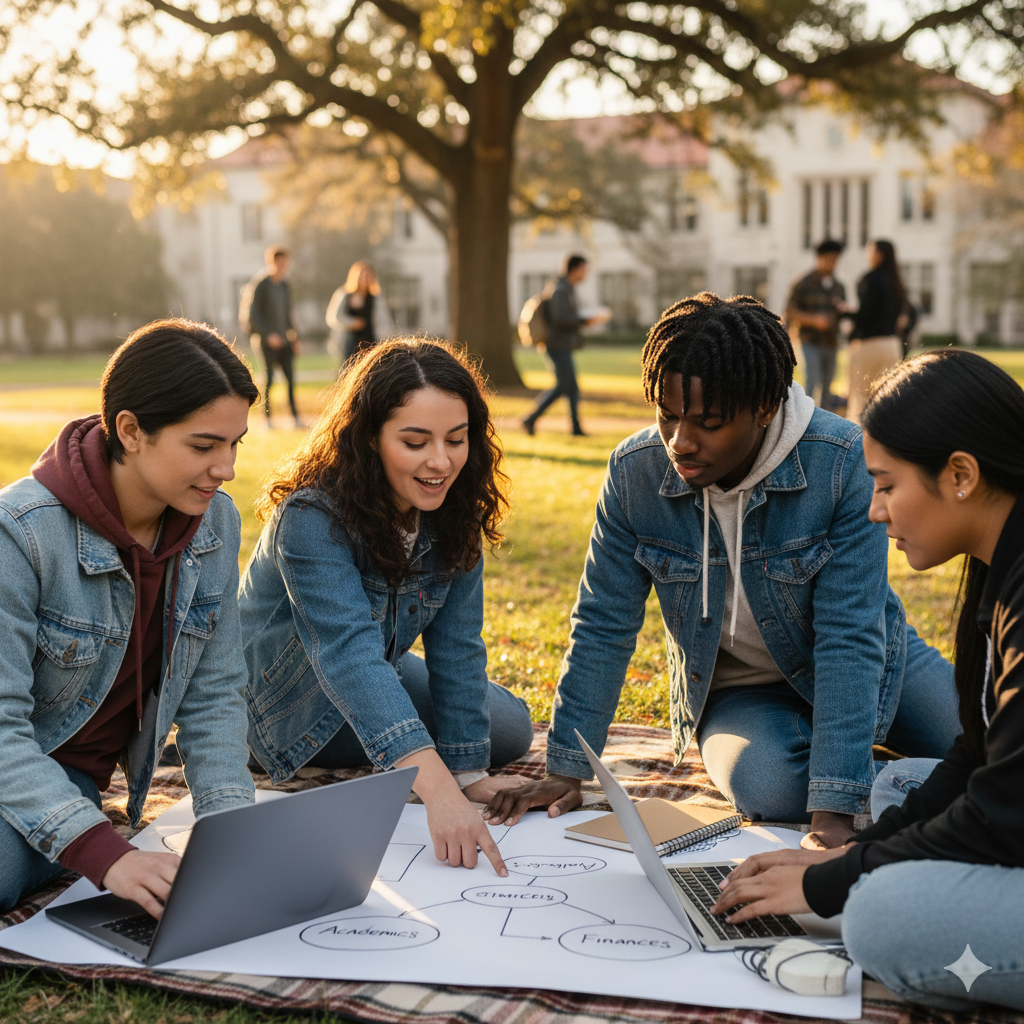 Students discussing how to set New Year's goals