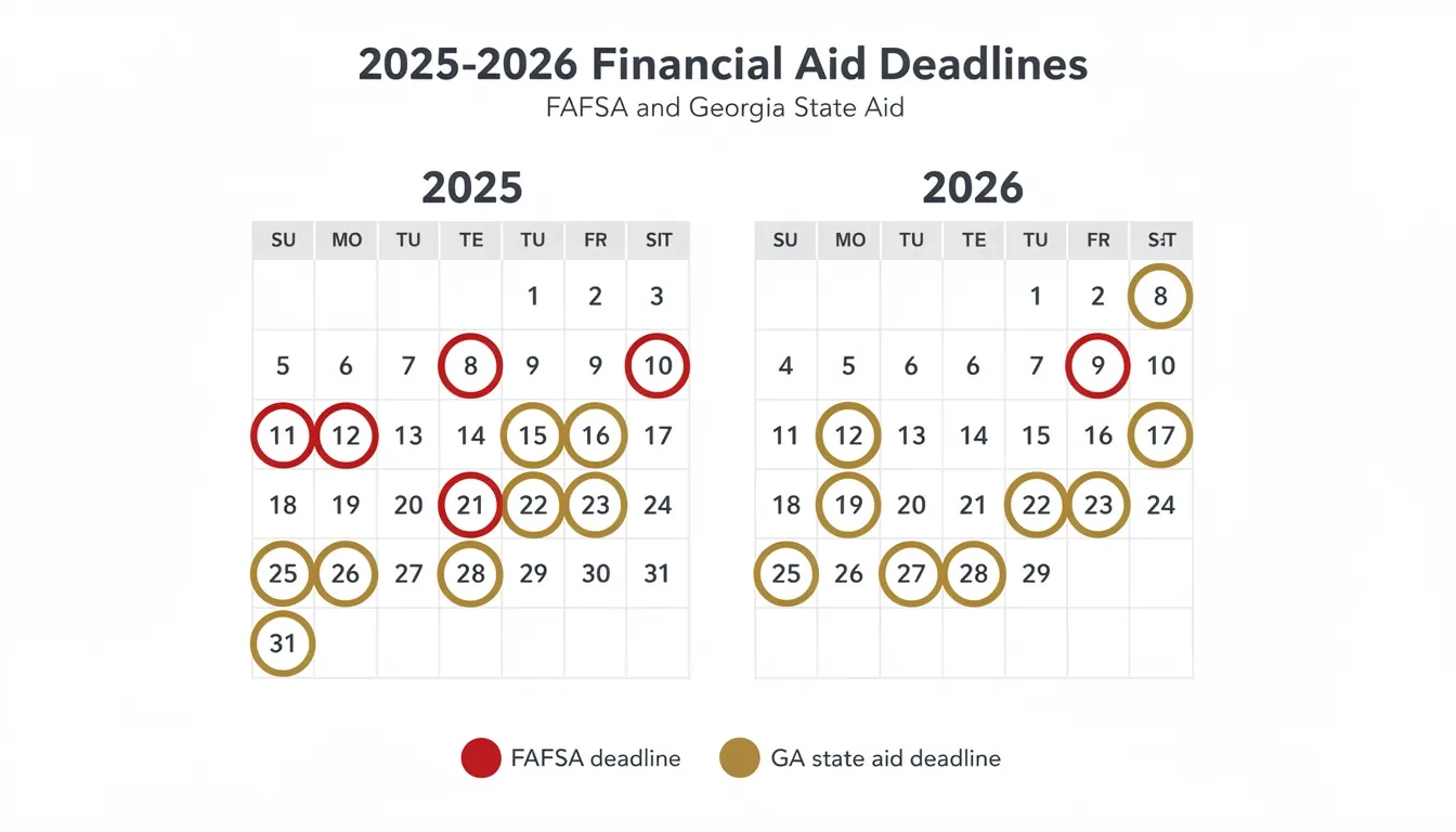 Calendar showing FAFSA and Georgia state aid deadlines for 2025-2026 academic year