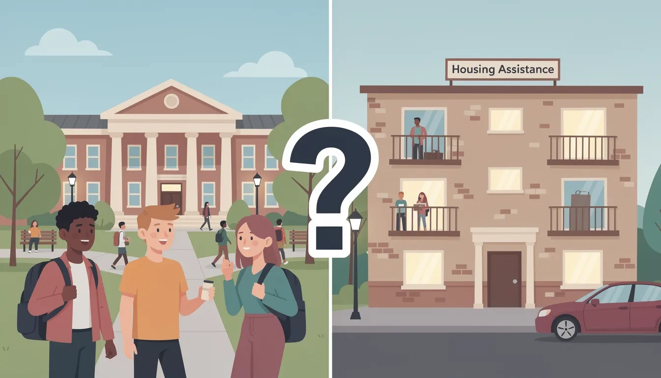 College campus and apartment building divided by a question mark