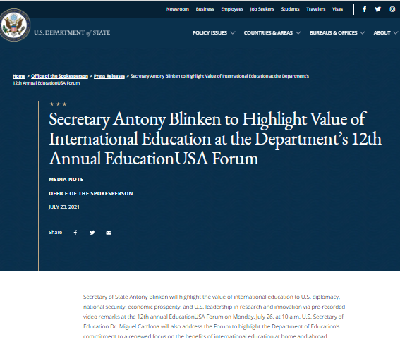 U.S. Secretary of State &#038; U.S. Secretary of Education to Address 12th Annual EducationUSA Forum on July 26, 2021