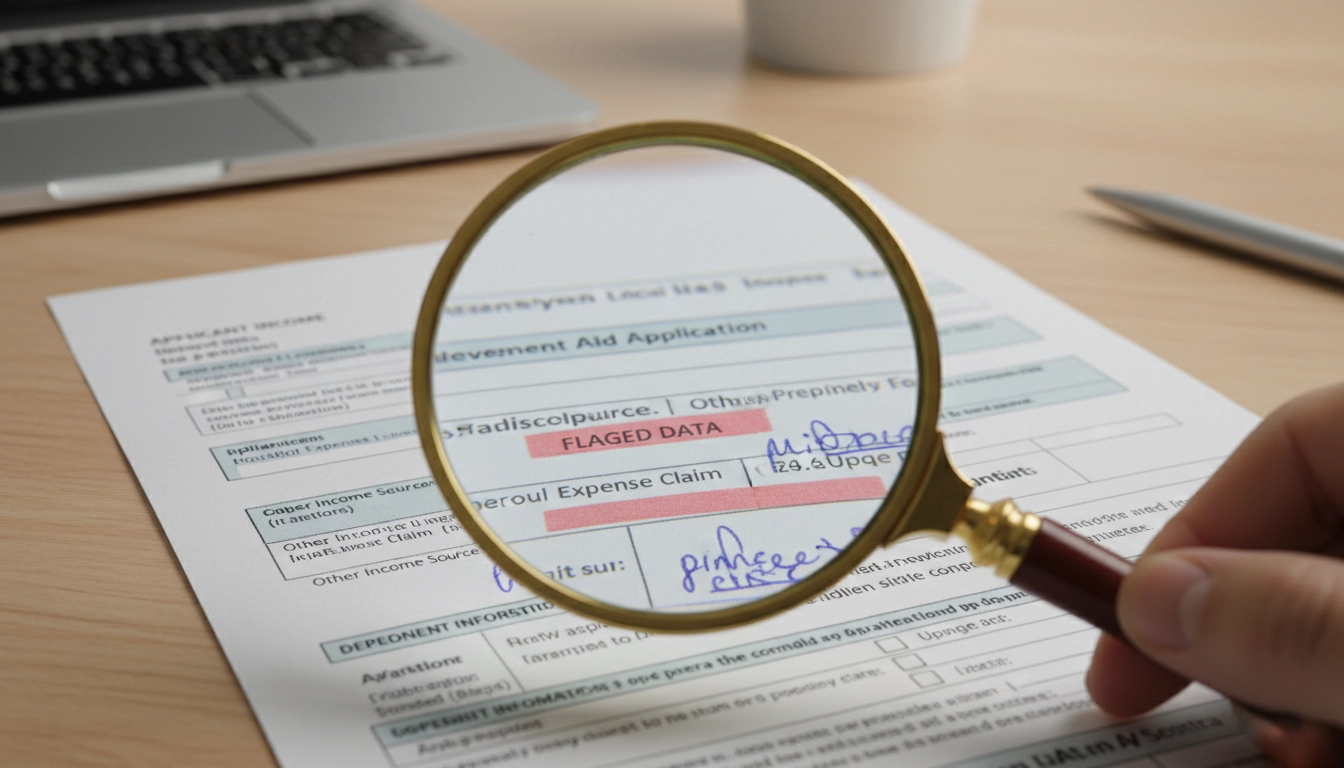 Magnifying glass examining flagged fields on a financial aid form