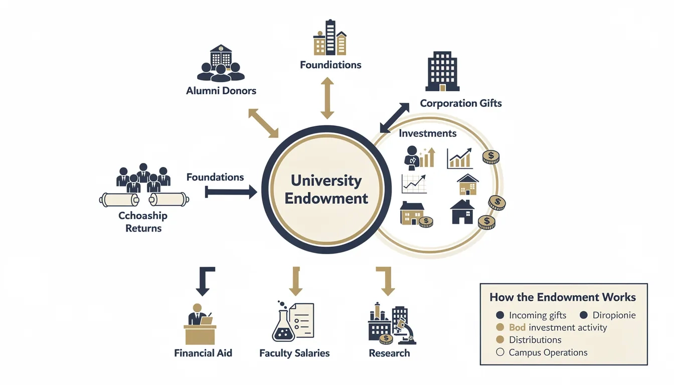 Diagram showing how university endowment income flows from donations and investments to financial aid and campus programs