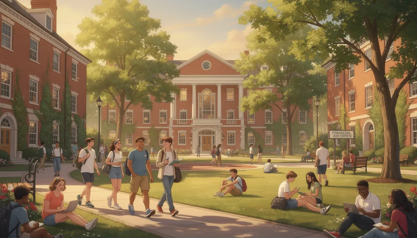 College campus in summer with students walking between buildings