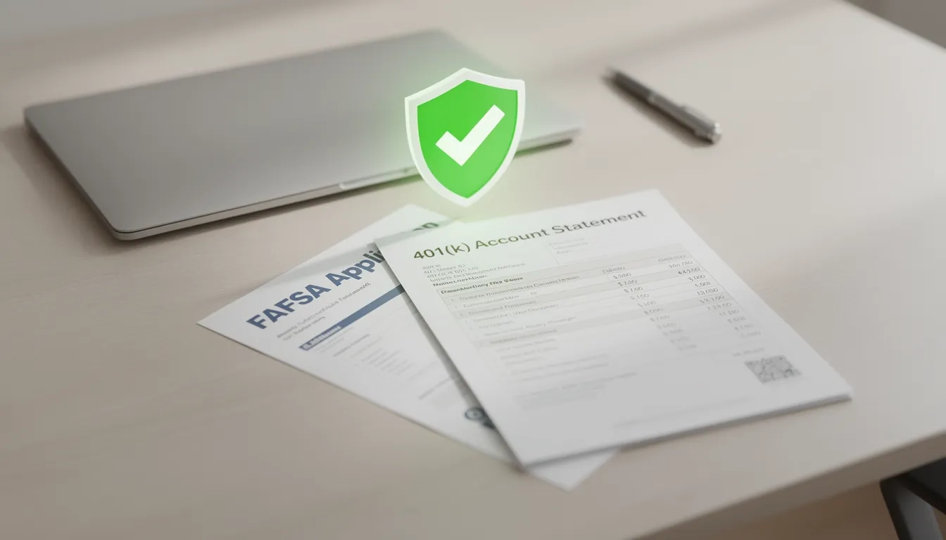 Retirement account statements beside a FAFSA form with a protective shield icon