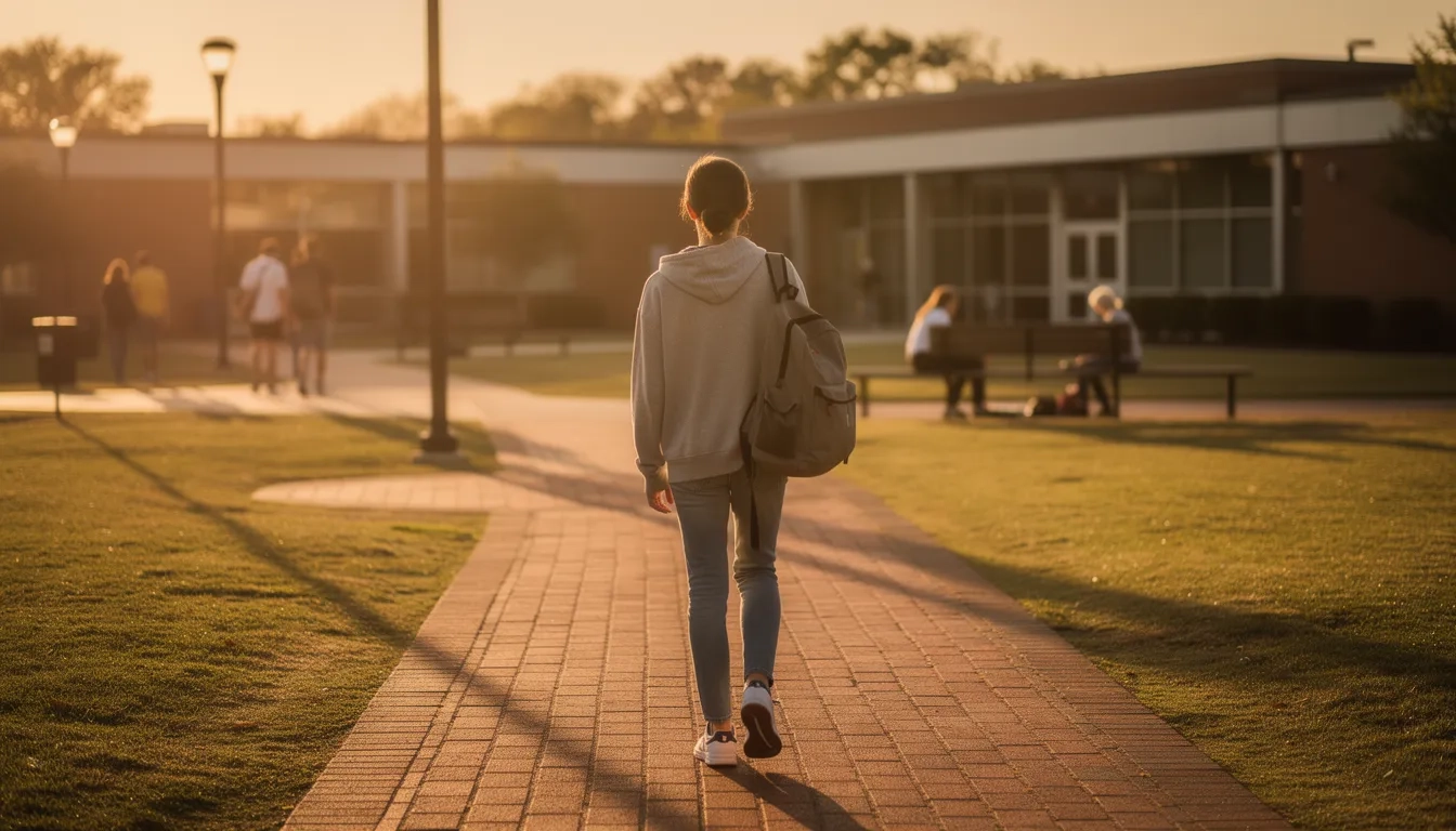 High school student walking across a college campus representing junior-year dual enrollment