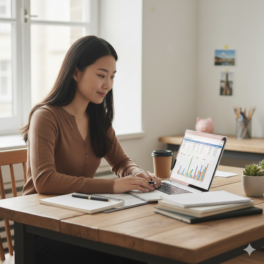 Student creating a budget, one of her New Year's goals