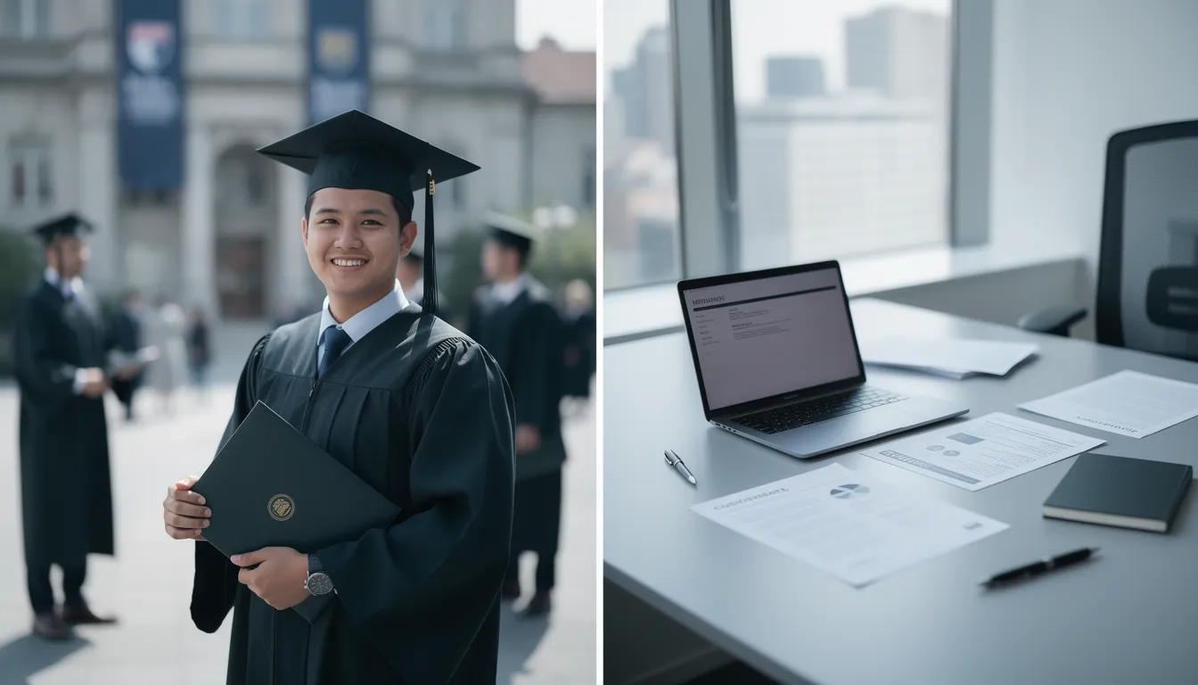 College graduation on one side, professional career workspace on the other