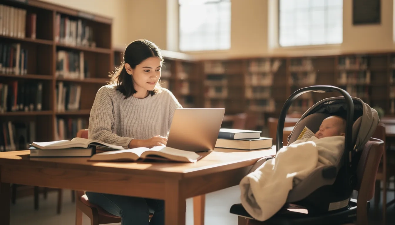 A college student studying with her infant in a baby carrier at a campus library
