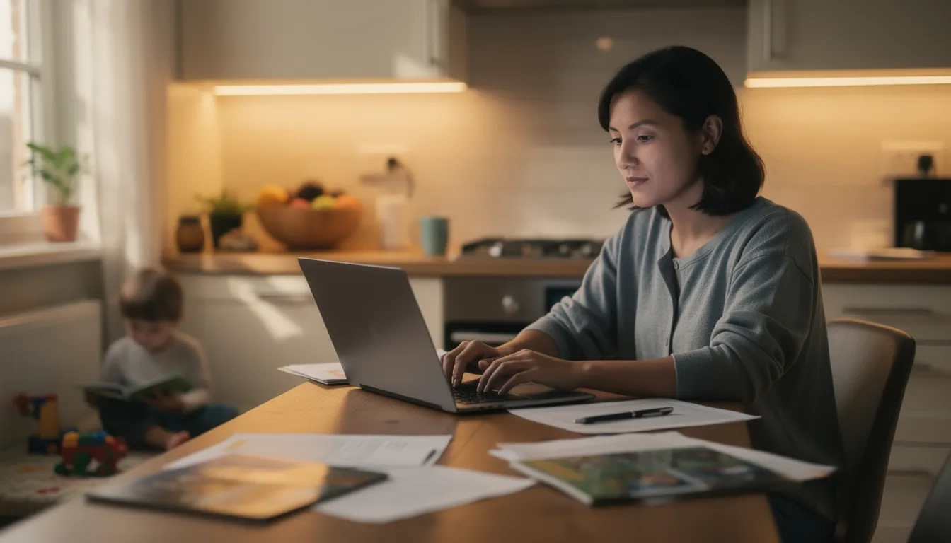 Student parent completing FAFSA on laptop at home with child in background