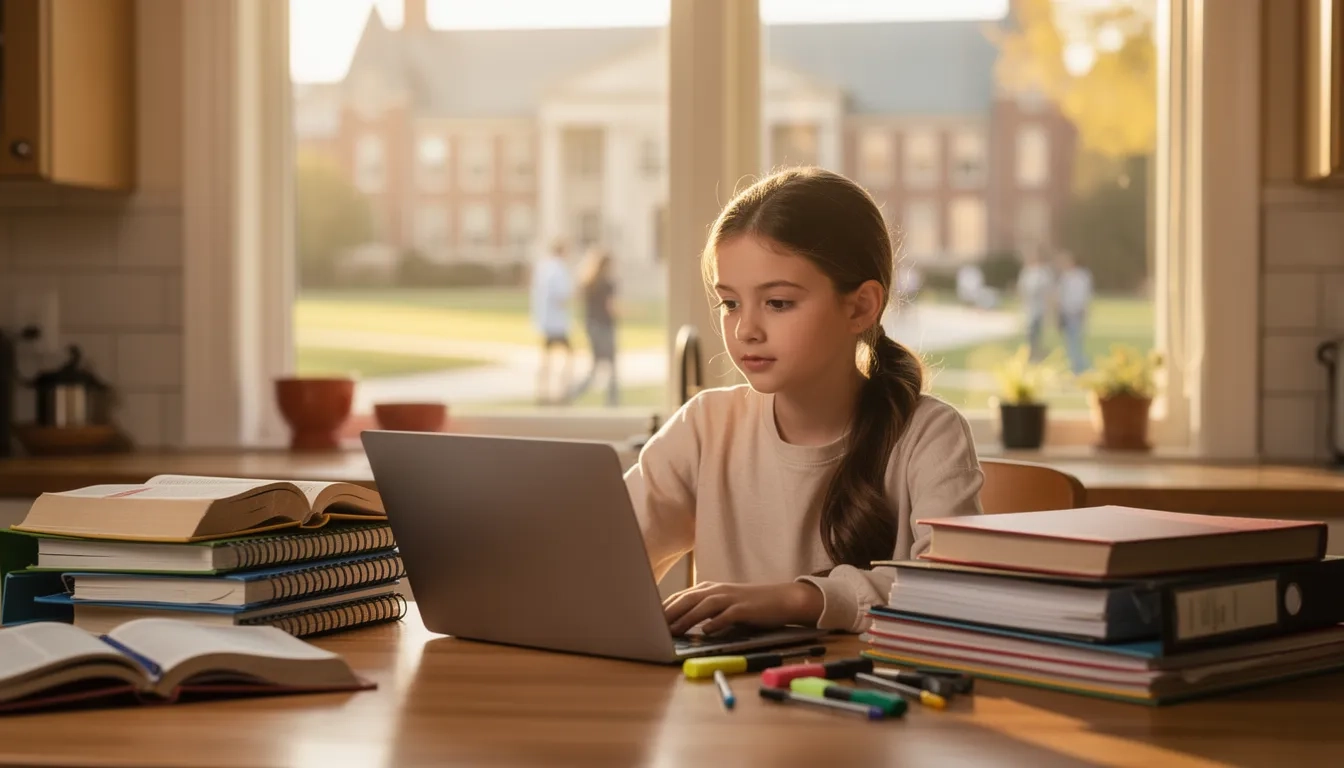 Homeschool student studying at home with college campus in background
